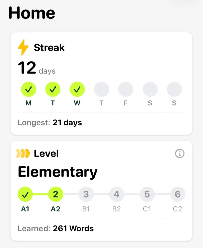 The HSK Flashcard home screen showing a 12-day streak and the current level