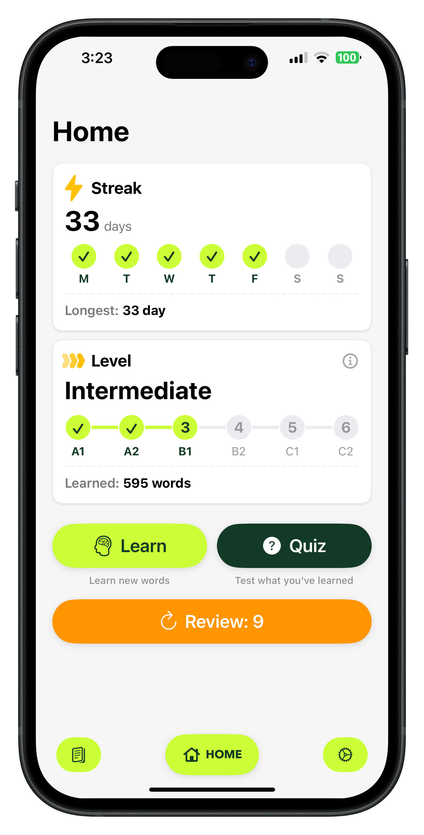 Home screen with streak and level tracking